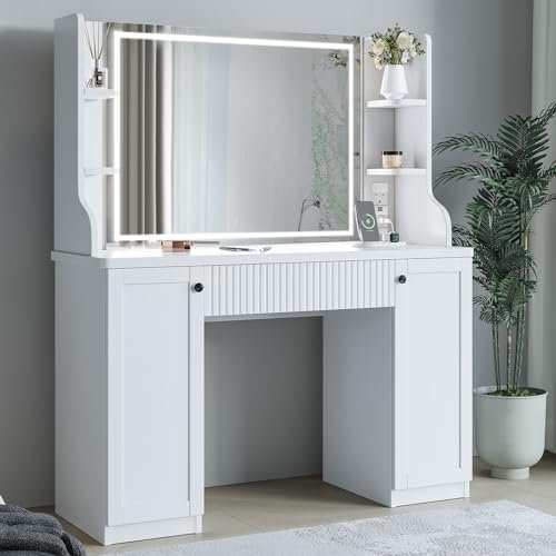 Dripex Dressing Table Vanity Desk with Mirror and Drawers Vanity Table Makeup Desk Shelves Storage Adjustable Brightness Makeup Table Cosmetic Bedroom Dresser Furniture (White, L)