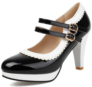 Mode Frauen High Heels Bogen Plattform Runde Zehe Pumpen Leder Sommer Süße Schuhe（Black 112，36）