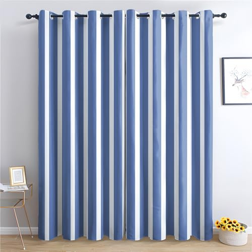 SZLYZM Vorhänge Blau Weiß Gestreift, Verdunkelungsvorhang 2er Set - Vorhang Blickdicht Maritim Muster, Thermovorhang für Deko Wohnzimmer Schlafzimmer, Gardinen mit Ösen 260x140 cm (HxB)