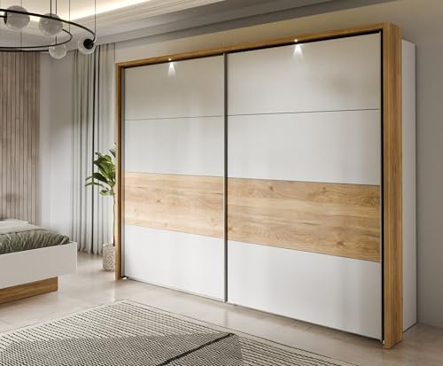 möbelando Schwebetürenschrank >MAYACUS< LED, 3 Stangen, 3 Böden, weiß, Eiche Dekor - 280,6x215,9x63cm B/H/T