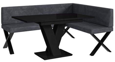 MEBLINI Eckbank für Esszimmer mit ausziehbarem Tisch - Küchenbank - Essecke - Sitzecke Küche - ERIC - X-Beine 128x168x87cm Rechts - Dunkelgrau Samt/M Schwarz Hochgl.