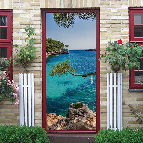 3D Tür Wandaufkleber Meerblick kleiner Baum Fototapete Türfolie Poster Tapete Meer Aufkleber DIY Selbstklebende Wandbild PVC Wasserdichte Tapete B90 x H200cm