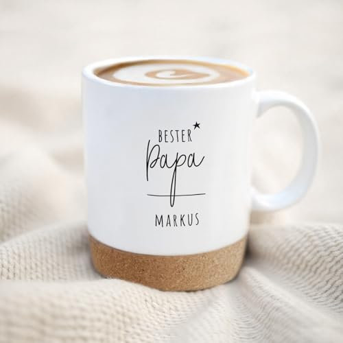 hellomini Personalisierte Keramik-Tasse mit Korkboden & Deckel – Individuelles Geschenk zum Vatertag – Hochwertig & einzigartig (Bester Papa)