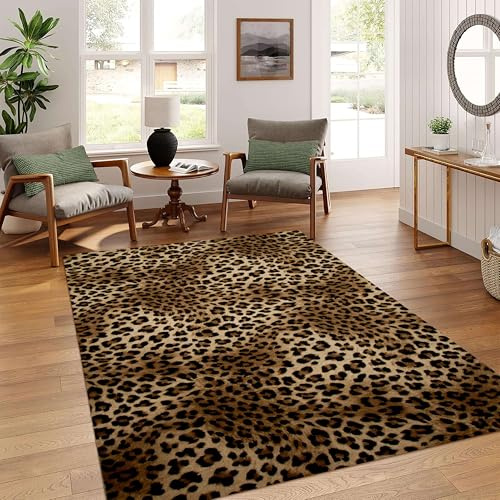 YJDRUG Leopardenmuster Teppich 60x110cm – Moderner Kurzflor mit waschbarer, Rutschfester Unterseite & weicher Oberfläche für Wohnzimmer, Schlafzimmer, Esszimmer
