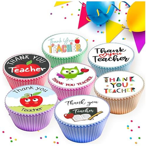 24 x PRE CUT THANK YOU TEACHER MIXED IMAGES EDIBLE WAFER CARD RICE PAPER 4.5 cms CUPCAKE TOPPERS DECORATIONS