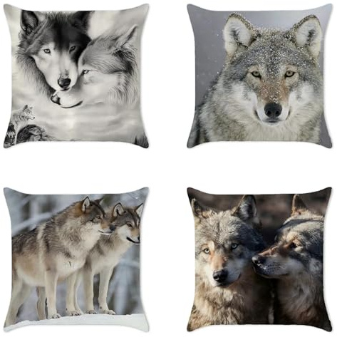 MEILIHEN Leinen Kissenbezug 40x40 Grau Wolf Muster Kissenhülle 4er Set Dekokissen Bezug für Couch Sofa Kissen Kissenbezüge Deko Zierkissen Couchkissen Tierdrucke Outdoor Kissenbezug
