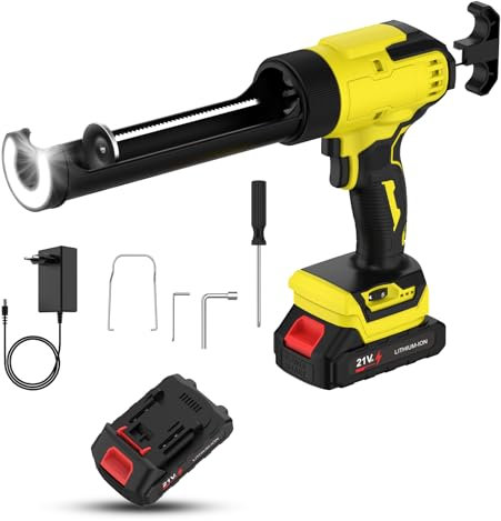 Pistola per Silicone a Batteria, 21V Pistola per Silicone Elettrica con 2 × 1.5Ah Batteria, Luce LED, Display LED, Capacità 300 ml, 6 Velocità Regolabili, Rimbalzo Automatico, per Calafataggio
