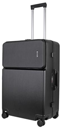 JLY Covestro Polycarbonate Large Suitcase – Front Access Hard Shell Travel Check in Luggage with Cup Holder, Bag Hook, Spinner Wheels, Dual TSA Locks & Aluminium Handle – Midnight Black