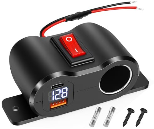QC3.0 &PD3.0 USB Steckdose Zigarettenanzünder Splitter,18W USBA und 30W PD USBC Steckdose 120W Zigarettenanzünder Autoladegerät mit LED Voltmeter Display und Schalten,12V-24V Auto RV Boot