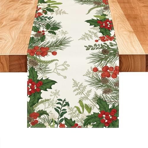 Tischläufer Weihnachtsbeeren 33x183cm Weihnachten Läufer weihnachtstischläufer Winter Winterlich Modern Weihnachtsläufer Christmas Table Runner Weihnachtlicher Tischdeko für Partys