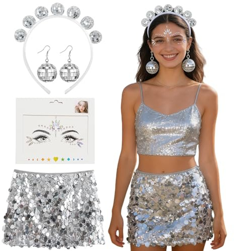 SANLIUSANJIU Damen Disco Kostüm Set Enthält Pailletten Rock, Disco Ohrringe, Haarreif, Tattoo-Aufkleber, für Fasching Karneval Silvester 70er 80er Jahre Kostüm Verkleiden