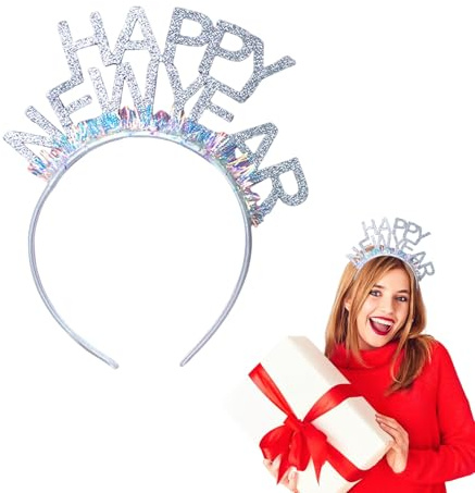 FangBoJie Happy New Year Haarreif,Silvester Kopfschmuck,Silvesterdeko Tiara,Glitzer Deko Silber Haarreifen Erwachsene Kinder 2026 Silvesterparty-Dekoration,Neues Silvester Kostüm Accessoires (Silber)