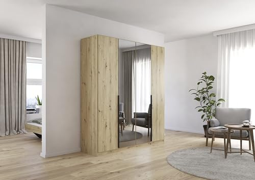 Rauch Möbel Skyla, Kleiderschrank, Farbe Eiche Artisan, Breite 181 cm | Schrank, 4-türig, mit Grauspiegel, für Schlafzimmer, Kinderzimmer, Jugendzimmer, Wohnzimmer, Garderobe, Flur