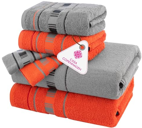Casa Copenhagen, 6teiliges Designer Handtuch Geschenkset aus 100% ägyptischer Baumwolle –Grau Rot, 600 g/m² (2Badetücher, 2Handtücher, 2Waschhandschuhe) Geschenkbox für Damen & Herren