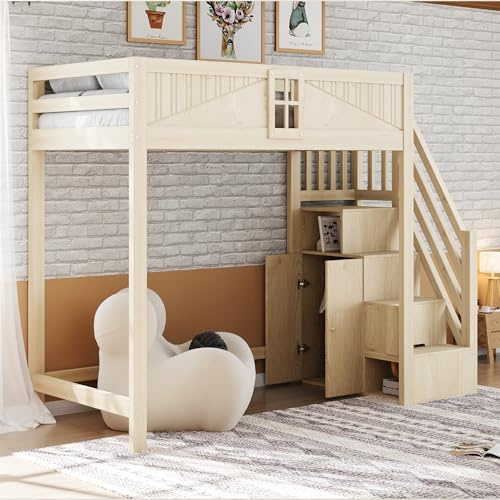 Merax Lit mezzanine en bois massif 90x200 cm, lit enfant avec rangement latéral et échelle amovible gauche/droite, lit multifonctionnel avec espace de rangement, couleur bois (sans matelas)
