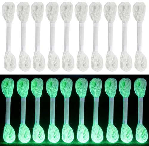 10 Stück Leuchtendes Stickgarn Im Dunkeln, 8M Lange pro Stickerei Nähgarn, DIY Stoff Polyester Handstricken Strickgarn für Kunsthandwerk, Häkeln, DIY-Schmuck, Nähen und Sticken, Weiß