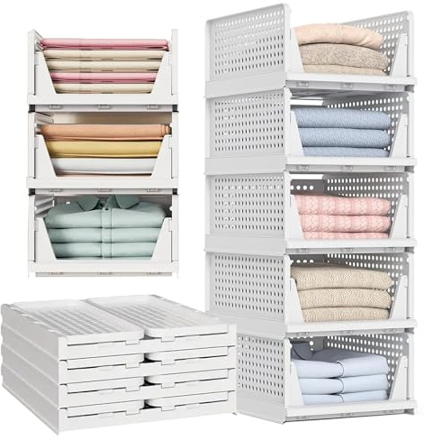 Stackable Storage Baskets, Foldable Plastic Wardrobe & Cupboard Organiser | Space-Saving Storage Open-Front Easy Access Durable Plastic Construction Multi-Purpose Home Organisation