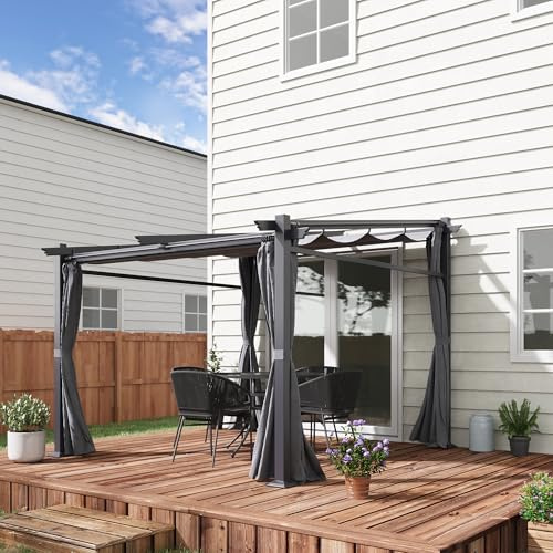 HOMELEN Pergola ausziehbar (2,97 x 2,95 x 2,3 m), dunkelgrau – wetterfeste Terrassenüberdachung mit pulverbeschichtetem Metallrahmen, einziehbarem Dach & Spreizschrauben für maximale Stabilität
