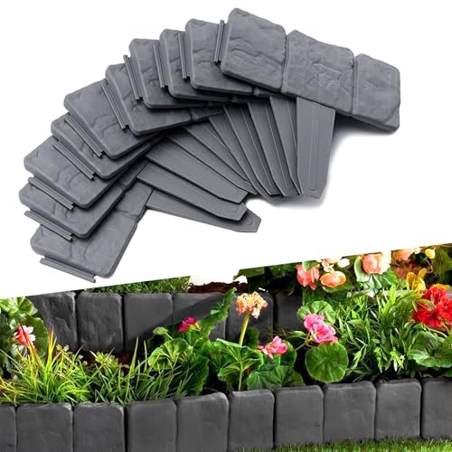 TATIVALO Rasenkante Kunststoff 10m Beetumrandung 25x23cm 40 STK. Anthrazit | Flexible Beeteinfassung in Steinoptik für Garten, Rasen und Wege, einfach zu montieren und langlebig wetterfest