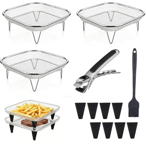 3 Stück Korb für Heißluftfritteuse mit 8 Silikonfüßen Pinzette Und Bürste | Air Fryer Rack, Airfryer Zubehör, Square Stapelbar Körbe für Airfryer, für Heißluftfritteuse Kochen Rack und Backofen