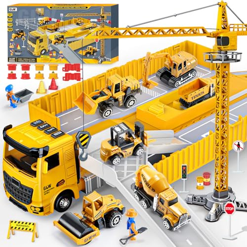 Naxudcoo Jouet Garçon 3 4 5 Ans: Jeu de Construction Camion Enfant avec Camion Grue, Excavatrice, Rouleau Compresseur, Bulldozer et Bétonnière pour Garçons de 3 4 5 6 7 Ans