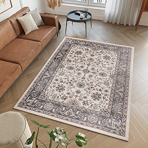 TAPISO Colorado Teppich Wohnzimmer Kurzflor Orientalisch Creme Beige Grau Floral Ziegler Ornament Muster Traditionell Orientteppich ÖKOTEX 60 x 100 cm