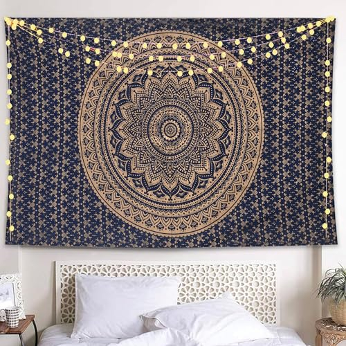 THE ART BOX Indie Wandteppich Baumwolle Mandala Wandbehang Deko Teppich Aesthetic Room Decor Dekoration Wandtuch/Strandtuch Wohnzimmer Indische Tücher Schlafzimmer, Gold und Blau, 75x100 Cm
