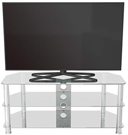AVF Clear Glass TV Stand, 114cm, up to 55 Inch and 45kg, Media Storage | 114cm clear glass TV unit; 45kg support for 55 inch TVs; open shelves for media devices