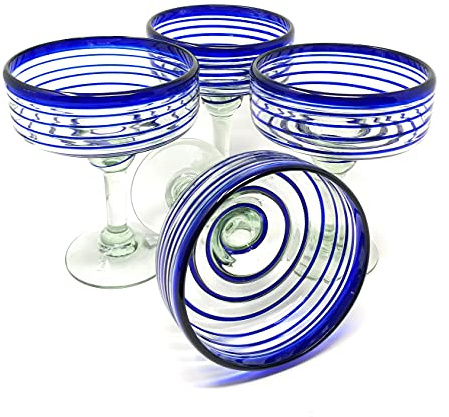 Dos Sueños Mexican Hand Blown Glass – Set of 4 Hand Blown Margarita Glasses (16 oz) with Blue Spiral Design