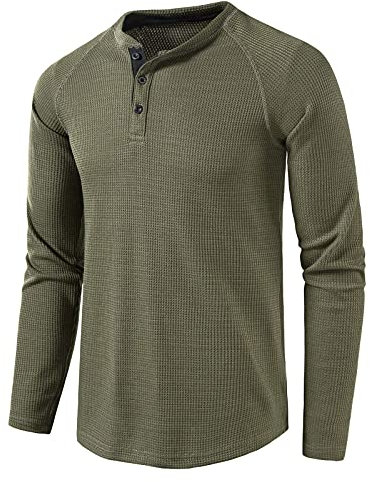 Mens Henley Shirt Long Sleeve Button Collarless Henley Tops Casual Smart Slim Fit Solid Color Waffle Grandad Shirts 3 Buttons Grandad Collar Classic Lightweight Basic Top Plain ArmyGreen XL