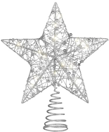 NUOBESTY Christmas Tree Topper Star with 20 Led Lights Battery Operated Rustproof Glitter Decoration for Home Party 10.6 Inch Silver