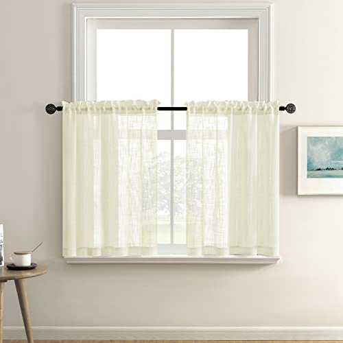 XTMYI Halbtransparente Vorhänge, 61 cm Länge für 63,5 x 61 cm, Kellerfenster, Set mit 2 Paneelen, kurz, Hellbeige, gebrochenes Weiß, Bauernhaus-Vorhänge für Esszimmer, Küche, Badezimmer, modernes
