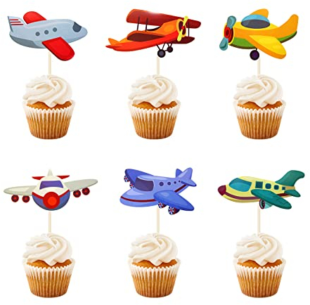 Airplane Cupcake Topper, 12 pcs Plane Birthday Party Decorations Supplies for kids, Baby Shower Favors, Aircraft Sign