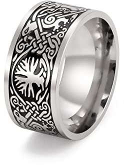 KKJOY Stainless Steel Tree of Life Ring Band Wide Irish Celtic Knot Rings Black Retro Ring Vintage Gothic Biker Ring for Men Women Birthday Gift