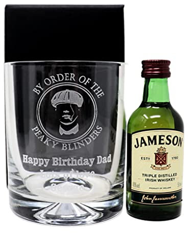 Personalised Dimple Glass Tumbler & Miniature - Peaky Blinders Design (Cardboard Gift Box, Jameson Irish Whiskey)