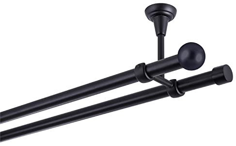 Tringle à rideaux double 280 cm, noir, 19 mm, montage plafond, terminaison Boule