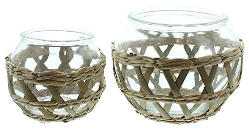 FRANK FLECHTWAREN Windlicht Geflecht, 2er Set, Glas, runde Form, kunstvoll verziert mit Seegras, Maße: Ø 12 x 10 cm, Ø 15 x 12 cm, ohne Kerzen