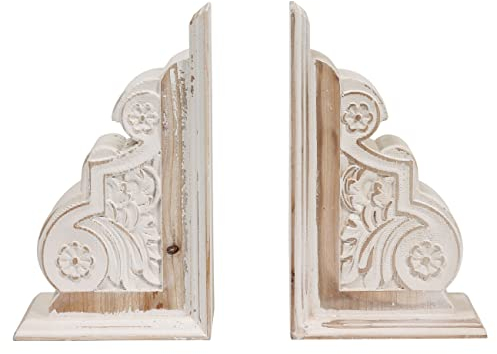 1 Paar rustikale Holz-Buchstützen im Used-Look, Vintage-Stil, weiße Schnörkel-Corbel-Buchstützen, Buchstützen für schwere Bücher, Buchstützen für Büro (Stil 1)