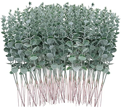 FEQO 120 Pcs Branches D'eucalyptus Artificielle Faux Eucalyptus Tiges D'eucalyptus Artificielles Simulation Feuilles D'eucalyptus Plante Artificielle pour Mariage Maison Cuisine Décoration, Gris Vert