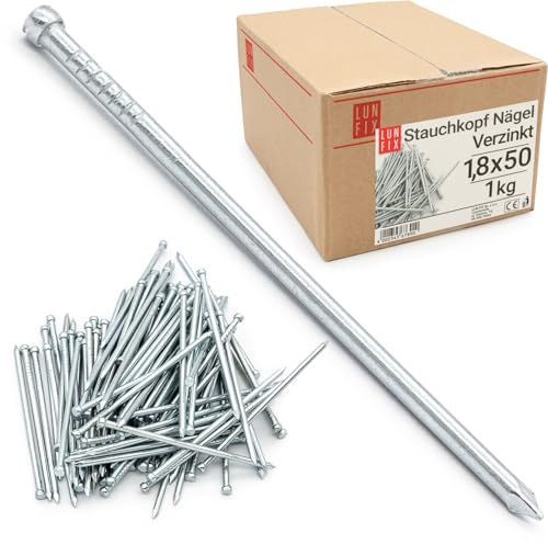 LUN FIX Drahtstifte 1,8x50 mm (2.0) Stauchkopfnägel 1kg ca. 950 Stk | Stahl verzinkt, silber, Stahlnägel Stahlstifte kleine Nägel für Holz, Sockelleisten Nägel, Möbelbau, Bilderrahmen