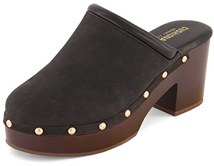 CUSHIONAIRE Guest Platform Clogs for Women, Heeled Faux Wood Mules with Studded Detailing and Memory Foam Footbed for All-Day Comfort, BLACK 9W