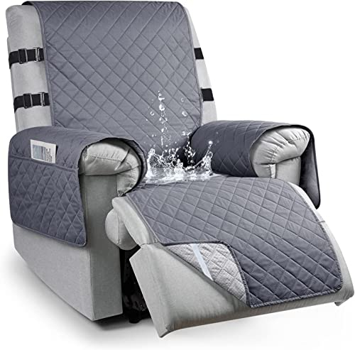 Housse de fauteuil pour fauteuil TV 100 % étanche avec poches, antidérapante, avec 2 sangles réglables, lavable en machine, gris, taille S