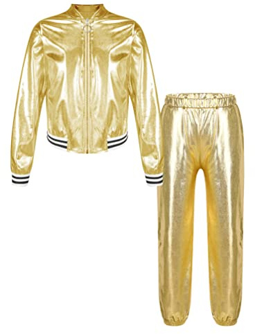 TiaoBug Unisex Kinder 80er Jahre Trainingsanzug Retro Kostüm Metallic Jogger Jogginganzug Jacke und Hose Disco Jazz Tanz Outfits Set
