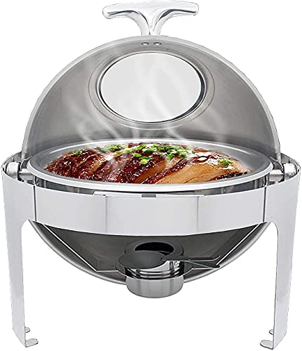 Roll Top Chafing Dish, 6.8L Stainless Steel Chafer with Visible Window, Round Buffet Food Warmer Set with Food Pan, Water Pan And Fuel Holders (Silver)