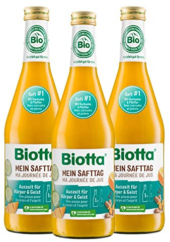 BIOTTA - Ma journée de jus - Jus de fruits détox - Anti-inflammatoire - Mangue, orange et carotte frais et 100% Bio - Enrichi en Curcuma, vitamine et minéraux - 500 ml - Lot de 3