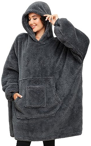 CMTOP Sweat à Capuche Femme Homme Couverture, Plaid Polaire à Manche Chaud Pull Hiver Plaid, Peignoir Longue Sweatshirt Doux Pullover Hoodie à Capuche avec Grande Poche Gris foncé