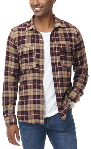 MCEDAR Regular Fit Plaid Flanellhemden für Herren Leichtes Langarm Casual Button Down Hemd, Magenta Brown Plaid, Mittel