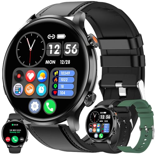 Reloj Inteligente Hombre con Llamadas, 1,39 Pulgada Cuero Smartwatch Deportivo con Podometro Pulsometro SpO2 Sueño Presion Arterial Pulsera Actividad 5ATM Reloj para iOS Android 3 Correas (Negro)