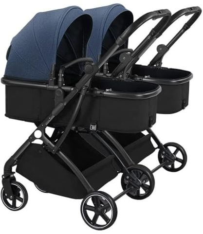 PEYNIR Doppelt Kinderwagen, Zwillingskinderwagen, Abnehmbar, Nebeneinander Faltbar, Mehrere Positionen, Stoßdämpfendes 4-Rad-Design, 15-Zoll-Sitz (Blau)
