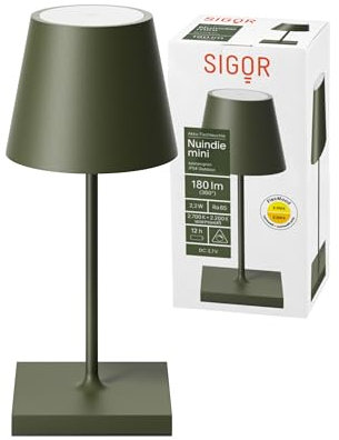 SIGOR Nuindie 2.0 mini - Dimmbare kleine LED Akku-Tischlampe Indoor & Outdoor, IP54 spritzwassergeschützt, Höhe 25 cm, aufladbar mit USB-C, 12 h Leuchtdauer, tannengrün